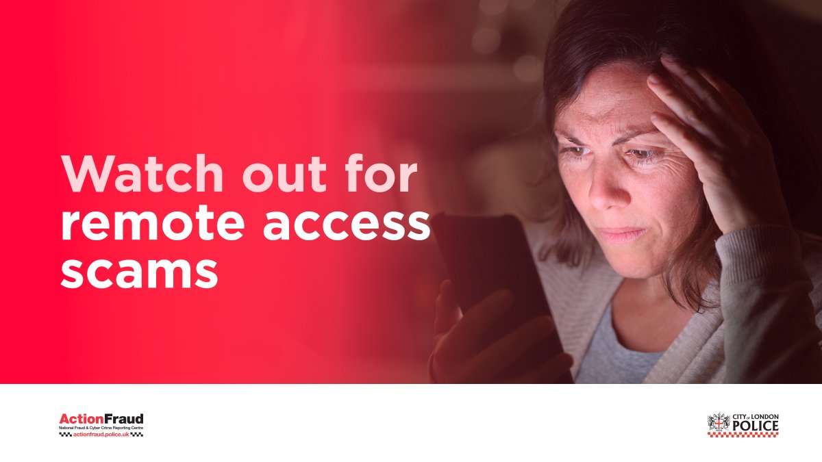 🚨 Watch out for #RemoteAccessScams 🚨

⚠️ Never allow remote access to your computer following an unsolicited call, text message or browser pop-up.

Find out more 👉 actionfraud.police.uk/a-z-of-fraud/r…
