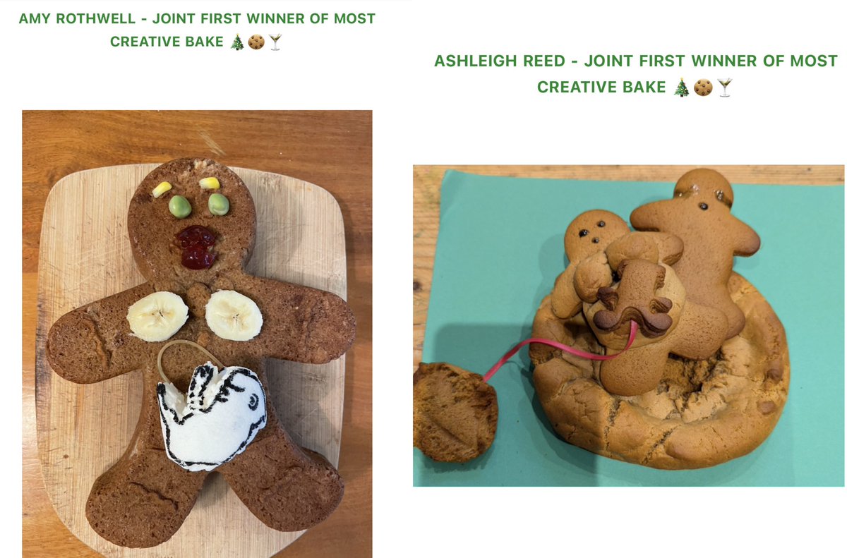 Bolton Maternity & Neonatal Voices Partnership 💜 (@boltonmnvp) on Twitter photo Yesterday’s team meeting included a baking competition🧁
The brief was something like ‘make a red velvet cake’ or if baking isn’t your thing ‘make a festive cocktail’. 🍹
I interpreted that as ‘pregnant gingerbread’ and so did <a href="/NorthMcrMVP/">NorthManchesterMVP</a>
Joint first “most creative bake”!🏆 Yesterday’s team meeting included a baking competition🧁
The brief was something like ‘make a red velvet cake’ or if baking isn’t your thing ‘make a festive cocktail’. 🍹
I interpreted that as ‘pregnant gingerbread’ and so did <a href="/NorthMcrMVP/">NorthManchesterMVP</a>
Joint first “most creative bake”!🏆