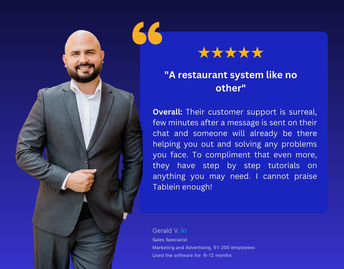 ⭐️⭐️⭐️⭐️⭐️ 5/5 review on <a href="/Capterra/">Capterra</a>!

There are many reasons to choose Tablein:
⭐️ Automated reservations available 24/7 from Google, Facebook&amp;Instagram
⭐️ Manage live reservations directly from your phone, computer, or tablet, no matter where you are.
⭐️ Create events, collect