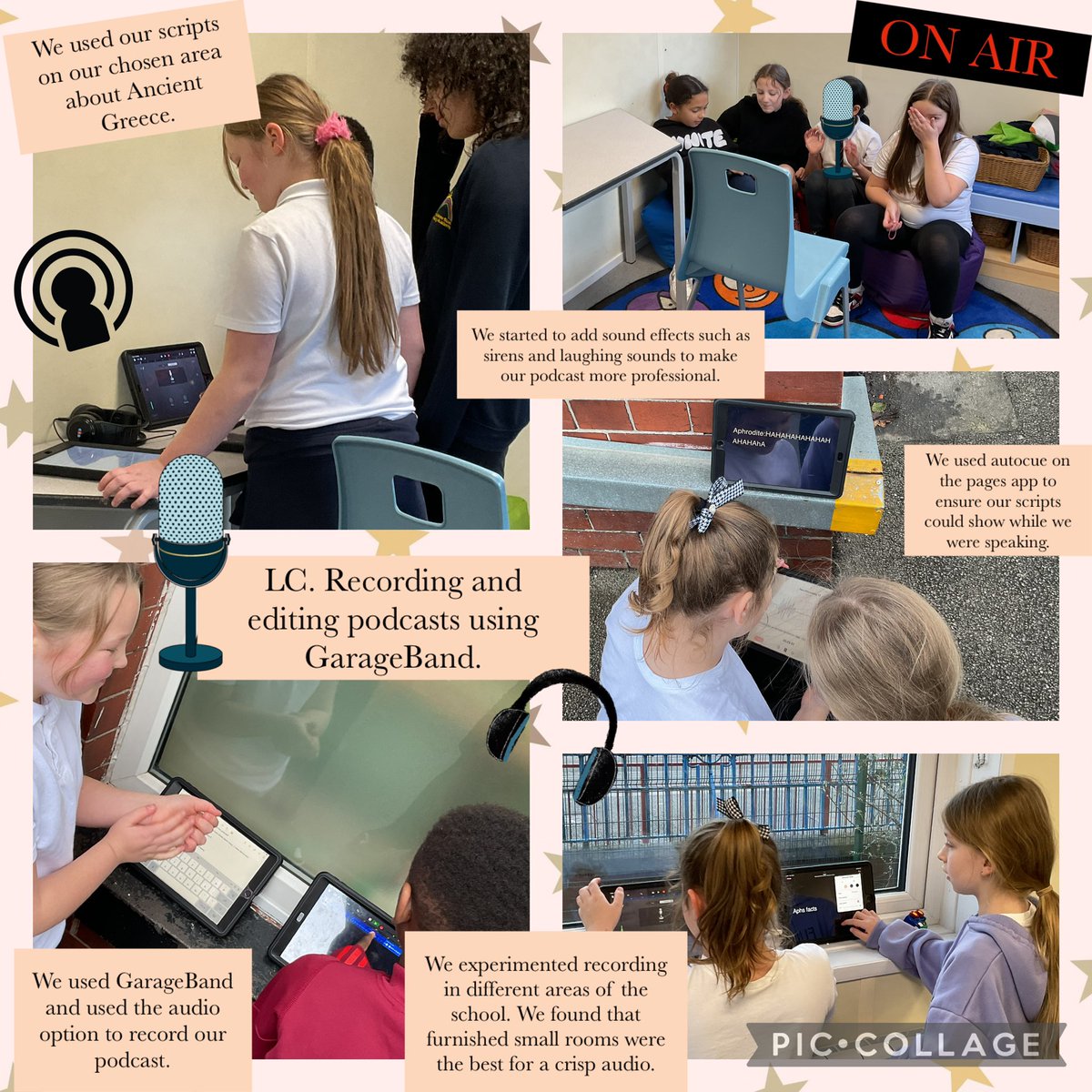 MRPAyear5a's tweet image. In computing we started to record and edit our Ancient Greek podcasts. We used GarageBand to record and edit our podcasts. We experimented with sound and found that furnished and quiet spaces were the best for audio🎙️#MRPALearning #MRPAComputing @MRPA_Computing @mrpacomputing