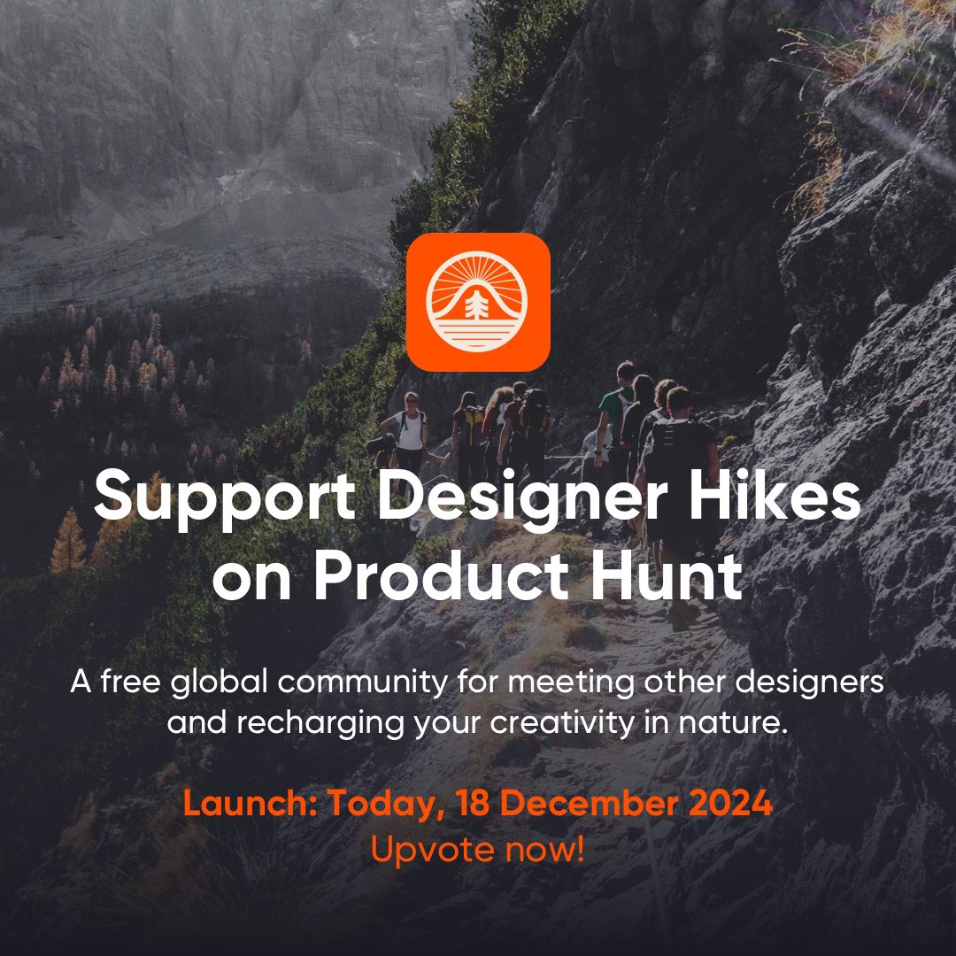 designerhikes's tweet image. 🚨🎉 Exciting news! Designer Hikes is LIVE NOW on Product Hunt! 

🌿 Help unite graphic designers worldwide for meetups on trails.
✨ Your upvote TODAY helps Designer Hikes reach the Top Product List!

🌟 producthunt.com/products/desig…

#DesignerHikes #ProductHunt #designerscommunity