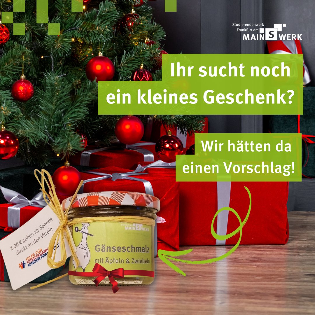 studiwerk_ffm (@studiwerk_ffm) on Twitter photo Ihr sucht noch ein Weihnachtsgeschenk? Dann könnte unser hausgemachtes Gänseschmalz für nur 3 Euro was für Euch sein! Pro verkauftes Glas spenden wir übrigens 1,20 Euro an "Hilfe für krebskranke Kinder Frankfurt e.V." 👉Mensa Casino, Cafes Rotunde, Explizit & Schwarz-Weiss Ihr sucht noch ein Weihnachtsgeschenk? Dann könnte unser hausgemachtes Gänseschmalz für nur 3 Euro was für Euch sein! Pro verkauftes Glas spenden wir übrigens 1,20 Euro an "Hilfe für krebskranke Kinder Frankfurt e.V." 👉Mensa Casino, Cafes Rotunde, Explizit & Schwarz-Weiss