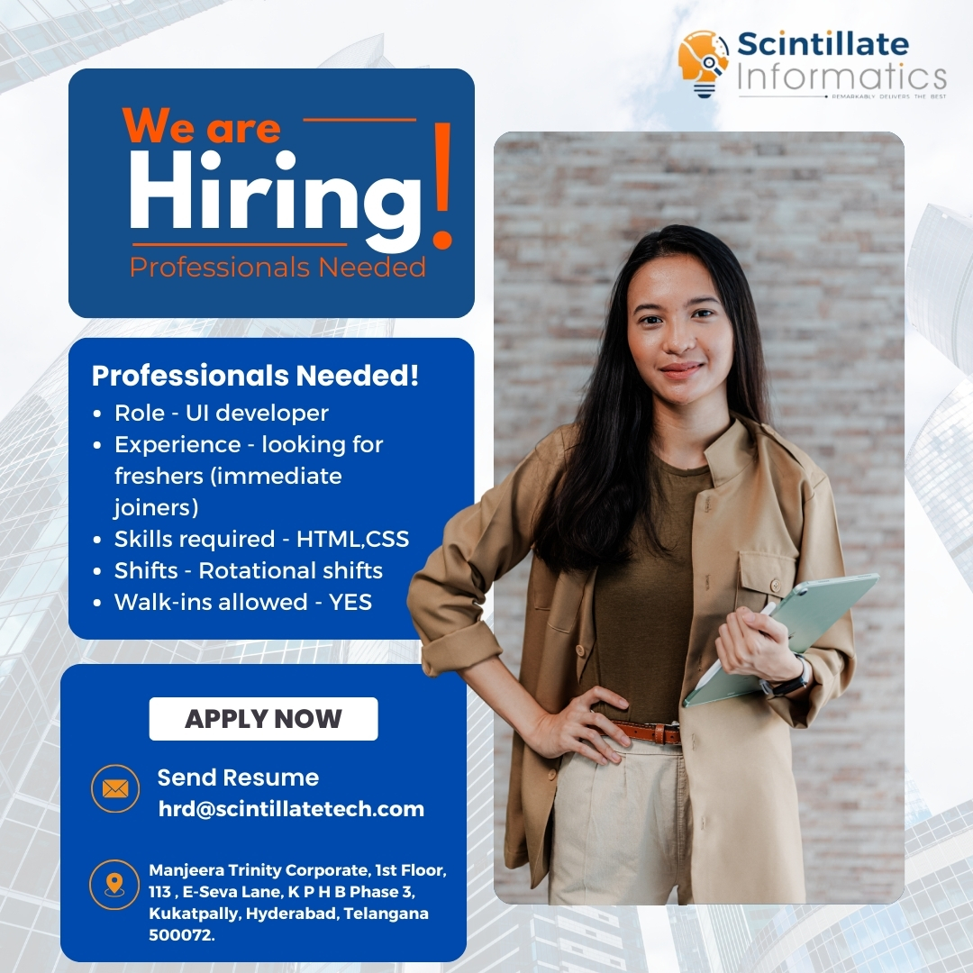 scintillateinfo's tweet image. We are looking for dynamic freshers who want to kickstart their careers as UI Developers in a creative and innovative IT environment. If you're eager to grow and learn, this is your chance to shine!
#scintillateinformatics #UIDeveloper #HiringUIDeveloper #FrontendDeveloper