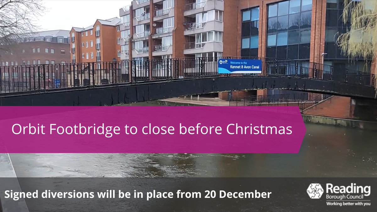 ReadingCouncil's tweet photo. Orbit Footbridge, behind Queen's Road car park, will close on Friday 20 December until further notice. It needs refurbishment and the withdrawal of Department for Transport funding means this has now been postponed until funding is identified. Signed diversions will be in place. https://t.co/ami64M9Upj