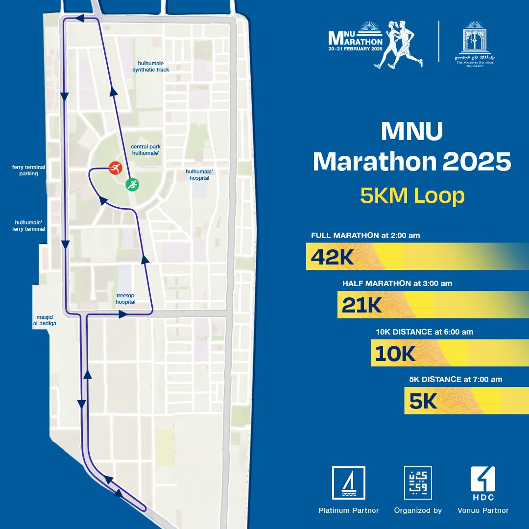 Pick your distance! 
🌟Full Marathon: 42.2 Km 
🌟Half Marathon: 21.1 Km 
🎯10K Race: 10 Km 
🎯5K Race: 5 Km 
Whether you're a seasoned runner or just starting out, there's a race for you. Take on the challenge and join us to #RunYourStory at #MNUMarathon