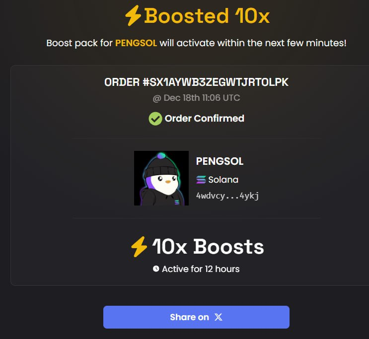 SolanaPengu_X's tweet photo. 10x Boosted, Ads and Spydefi Trending coming. 💯

Boost pack for PENGSOL will activate within the next few minutes! https://t.co/vqNDrqYvtP