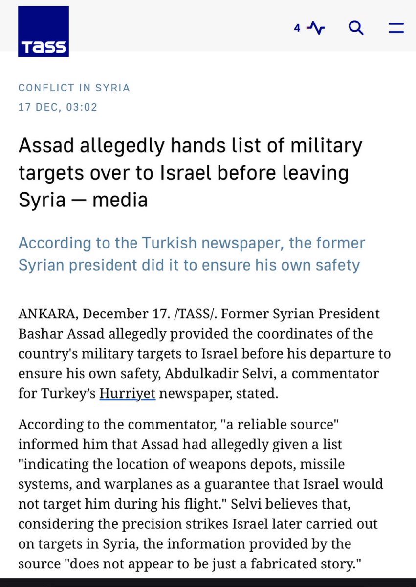 NihatTopalakci's tweet image. 🇸🇾🇮🇱 Esad'ın Suriyeden ayrılmadan önce İsrail'e askeri hedeflerin bir listesini verdiği iddia ediliyor.

- Tass haber ajansı
#Syria #Asad