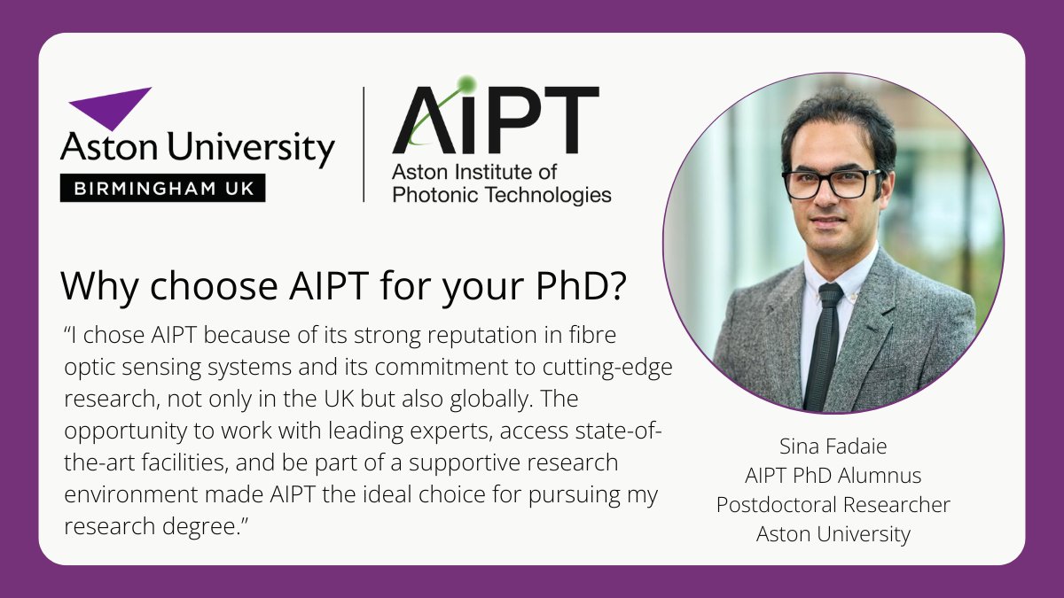 New year, new dreams? Why not do your #PhD at <a href="/AstonPhotonics/">Aston Institute of Photonic Technologies</a>? The Aston Institute of Photonic Technologies in the UK is a world-leading research institute, with top experts to support and train you. Contact photonics@aston.ac.uk
<a href="/im_sergei/">Im(Sergei K. Turitsyn)</a> #photonics #Research <a href="/AstonUniversity/">Aston University</a>