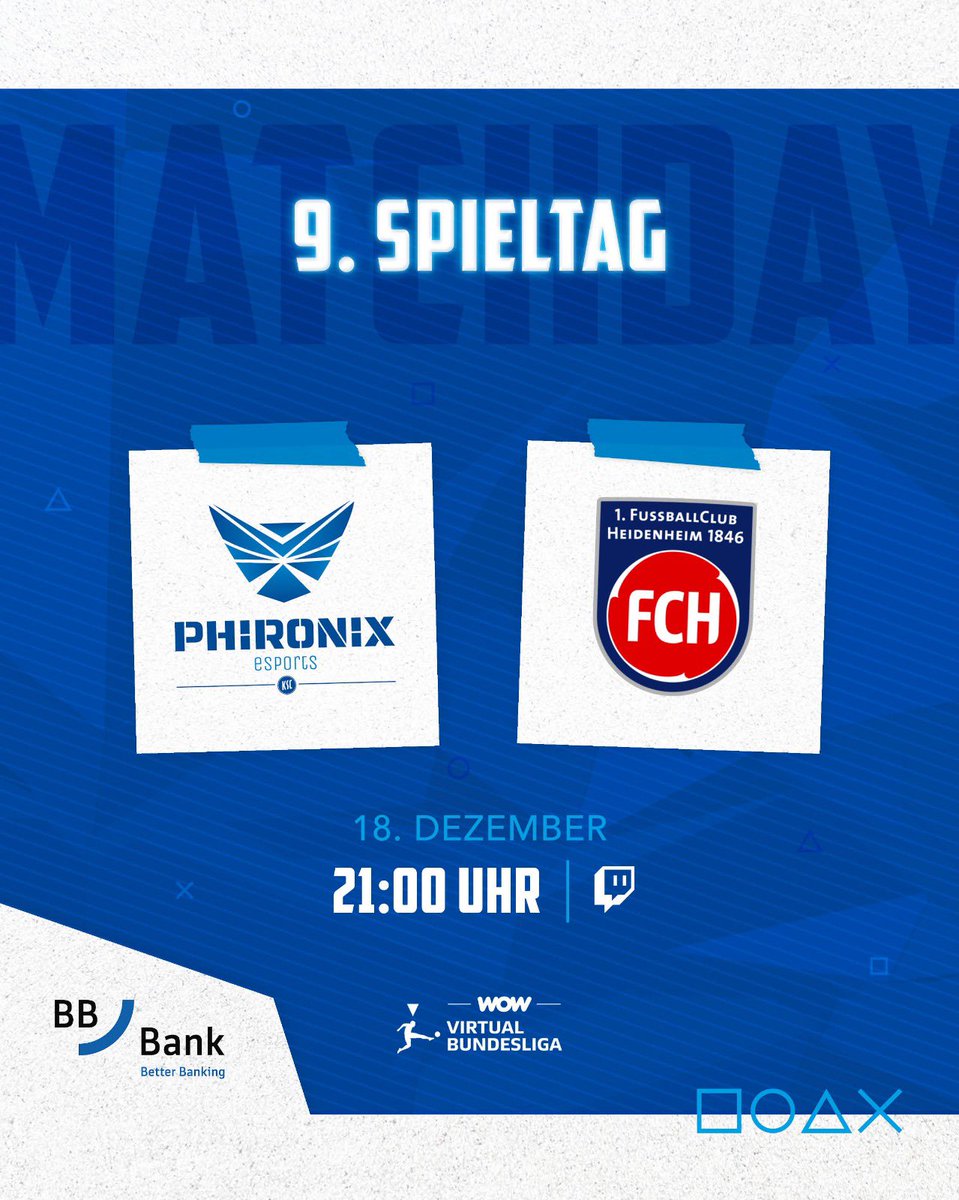 SPIELTAG 9️⃣ <a href="/vbl_official/">VBL | WOW VIRTUAL BUNDESLIGA</a> 
🆚 <a href="/FCH1846/">1. FC Heidenheim 1846 e. V.</a> 🕖 21 Uhr! 

Seit drei Spieltagen ungeschlagen &amp; das soll auch am letzten Spieltag vor der Winterpause so bleiben! 💙

🎥 twitch.tv/phironix_esport

#PHIRONIX #KSCmeineHeimat #VBLCC #VBL #Spieltag9 #Matchday #eafc25