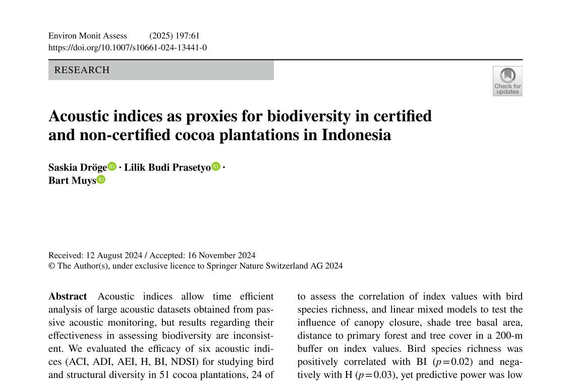 Excited to share my third PhD paper!
 
 🎤🦜 We used six acoustic indices to study the soundscape of 51 cocoa plantations in Sulawesi, Indonesia. We only found Bioacoustic Index (BI) and Acoustic Entropy (H) to correlate with bird species richness.

<a href="/dForNatLan/">Division Forest, Nature & Landscape</a>
<a href="/LeuvenPlantInst/">KU Leuven Plant Institute</a>