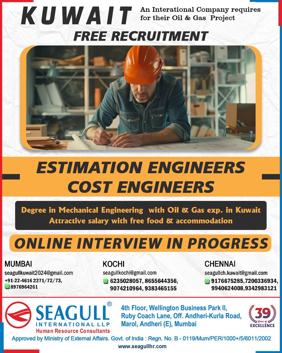 hrd1_seagull's tweet image. 🇰🇼Kuwait Jobs
💻 Online Interview In Progress
📍Location - Mumbai ,Kochi &amp;amp; Chennai
. 

.

.
#kuwaitjobs #seagull #estimationengineer #costengineer #oilandgas