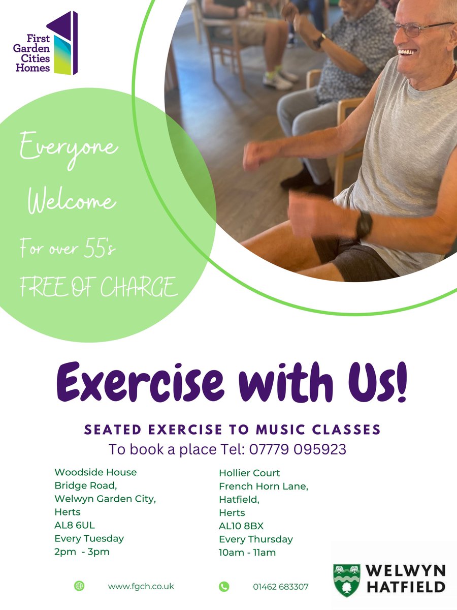 The popular seated exercise classed are back in the New Year for the over 55's, check out the details below. 👇
Sessions will be held at Hollier Court in #Hatfield and Woodside House in #WelwynGardenCity with #FirstGardenCitiesHomes
#WhatsOnWelHat