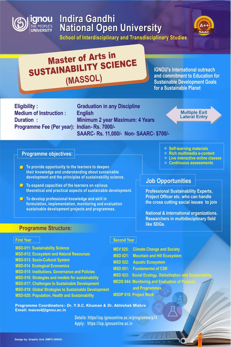Advance your career in the field of Sustainability Science by enrolling in IGNOU’s Online Master’s Programme in Sustainability Science. Apply on or before  31st January, 2025 @ ignou.ac.in/pages/50
Why to Choose IGNOU?
#FlexibleLearning #GlobalPerspective