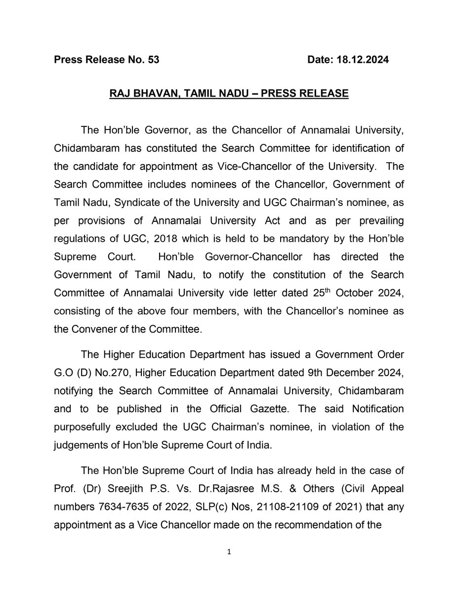 lokbhavan_tn's tweet photo. Raj Bhavan Press Release : 53 

#AnnamalaiUniversity #ViceChancellor #SearchCommittee https://t.co/mBDi5Z8FyA
