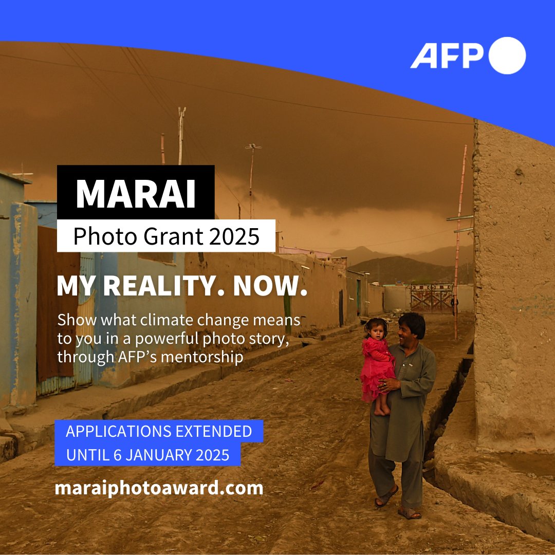 Entries for the Marai Photo Grant 2025 extended until 6 Jan 2025.

👉 Apply here: u.afp.com/5yy8

The grant aims to inspire South Asian youth to share impactful climate change stories through AFP's mentorship, in honour of Shah Marai, former AFP photo chief in Kabul.
