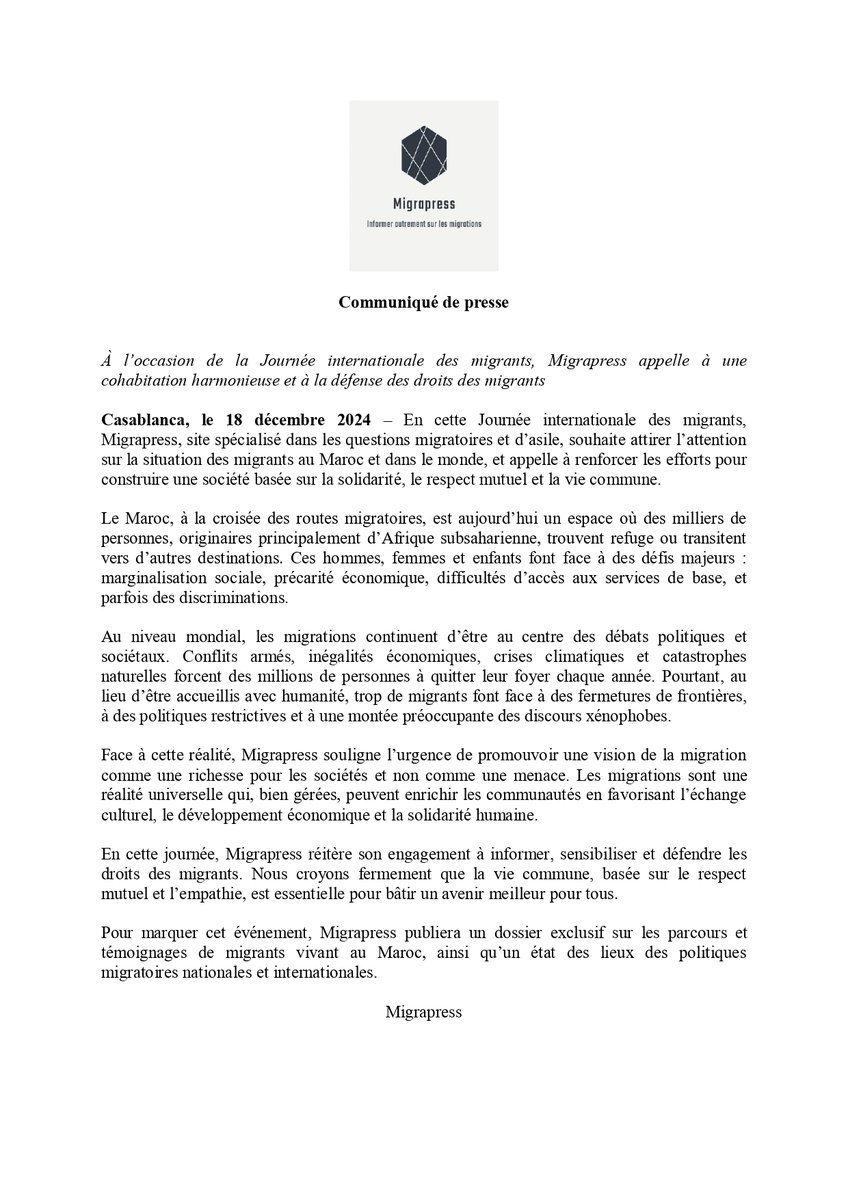 Communiquée de presse de #Migrapress à l'occasion de la Journée internationale des #migrants.