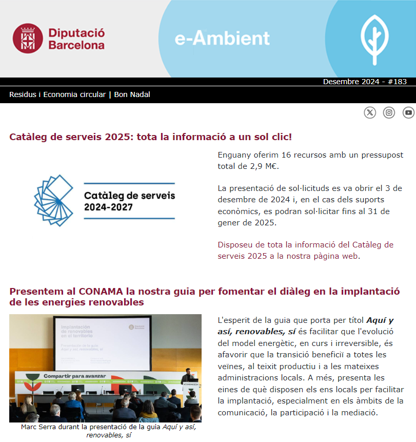 AccioClimaDIBA's tweet photo. 📢Acabem d'enviar el darrer número de l'any del butlletí #eAmbient de la @diba! 📨📰
🍀En portada tota la informació del Catàleg de serveis 2025 i la nostra guia d'implantació d'#Energies #Renovables⚡️
☀️𝗔𝗾𝘂í 𝘆 𝗮𝘀í, 𝗿𝗲𝗻𝗼𝘃𝗮𝗯𝗹𝗲𝘀, 𝘀í 🔋
🔗 https://t.co/FEf8xpxnTn https://t.co/jlNgFRZIHf