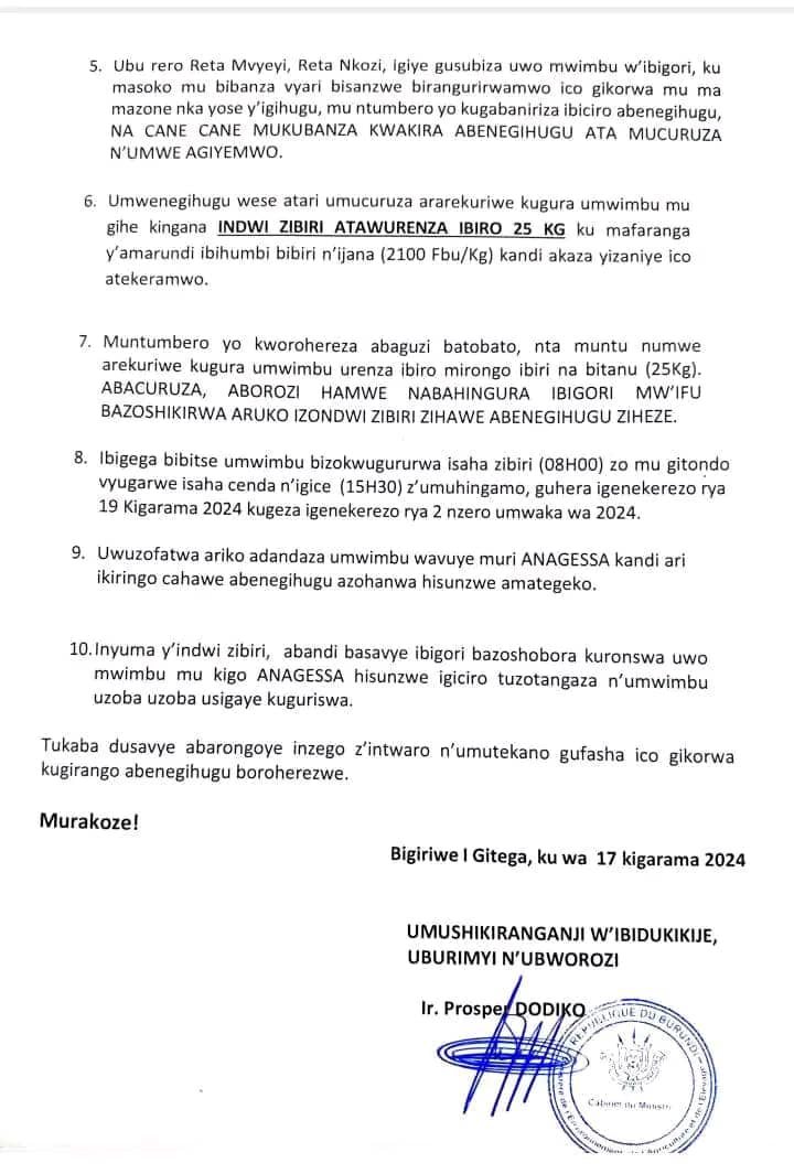 1)#Burundi. Ni iterambere rikomoka ku Mwenegihugu, rikamugarukako. Mw'itangazo Umushikiranganji <a href="/BMineagrie/">BURUNDI/MINEAGRIE</a>, Ir Prosper Dodiko yashizeko umukono, umusesekara w'ibigori Reta yaheruka kugurira Abenegihugu buca usubizwa kw'isoko kuva kur'uyo 19/12/2024 gushika 2/1/2025.
<a href="/GeneralNeva/">SE Evariste Ndayishimiye</a>