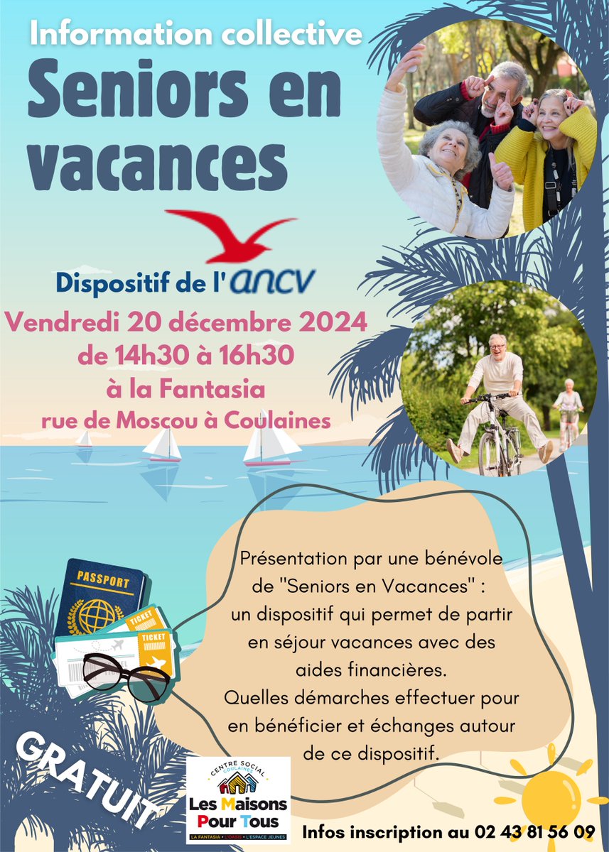 Ville de Coulaines (@coulaines) on Twitter photo 🧓 Les Maisons pour Tous de <a href="/Coulaines/">Ville de Coulaines</a> proposent une information collective "Seniors en vacances", vendredi 20 décembre à 14h30 à la Fantasia.
Inscrivez-vous au 02 43 81 56 09 ☀️
<a href="/ch_rouillon/">Christophe Rouillon</a> 🧓 Les Maisons pour Tous de <a href="/Coulaines/">Ville de Coulaines</a> proposent une information collective "Seniors en vacances", vendredi 20 décembre à 14h30 à la Fantasia.
Inscrivez-vous au 02 43 81 56 09 ☀️
<a href="/ch_rouillon/">Christophe Rouillon</a>