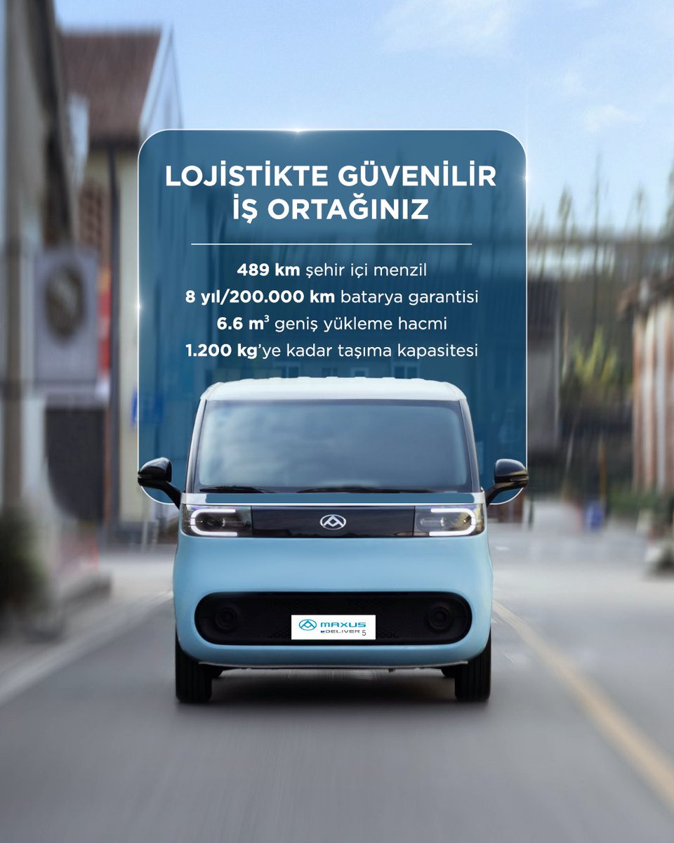 Güçlü, güvenilir ve çevre dostu bir lojistik ortağı mı arıyorsunuz? 

MAXUS eDELIVER 5 ile tanışın!
 
489 km menzil, 6.6 m³ geniş iç hacim, 8 yıl/200.000 km batarya garantisi ve 1.200 kg taşıma kapasitesi ile tüm lojistik ihtiyaçlarınıza ideal bir çözüm sunuyor.

#MAXUS