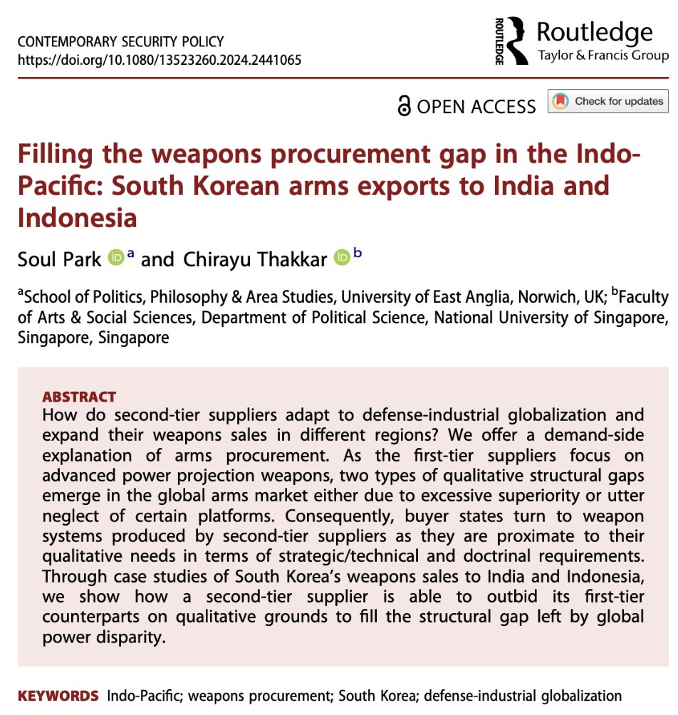🚨new article online

Looking at the global arms market, in this contribution <a href="/soulpark21/">Soul Park</a> &amp; <a href="/ThakkarChirayu/">Chirayu Thakkar</a> argue that demand-side factors play an important part in explaining the success of second-tier producers.

👉tandfonline.com/doi/full/10.10…