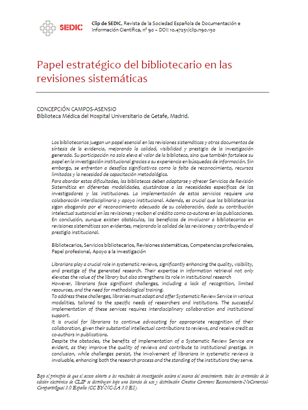 biblioGetafe's tweet photo. Papel estratégico de los bibliotecarios en las #RevisionesSistemáticas
En este artículo analizo el papel de las bibliotecas y los bibliotecarios en los Servicios de Revisión Sistemática, así como recomendaciones basadas en mi experiencia
@SEDIC20
🔗https://t.co/jGVBJSm90D https://t.co/MRr6Ou0YBr