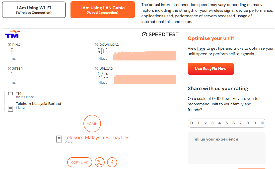 Ikan_Pari's tweet photo. @unifi selamat tengahari. Tumpang tanya berkenaan kelajuan internet kami. Kami melangggan pakej 300Mbps, tetapi kelajuan yang kami terima hanyalah 100Mbps: https://t.co/OOyDbMK7lx