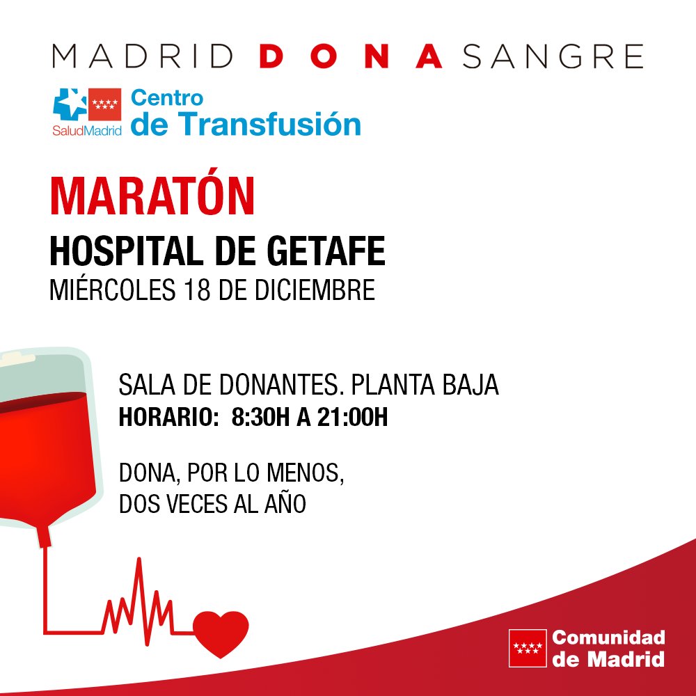 ❤ Esta Navidad también puedes celebrarla regalando vida. 

❤ Únete al maratón del Hospital de Getafe y con tu donación salvaras la vida de hasta tres personas.

#salvavidas, #donarsangre

⏰ 8.30h a 21.00h

c.madrid/donasangre