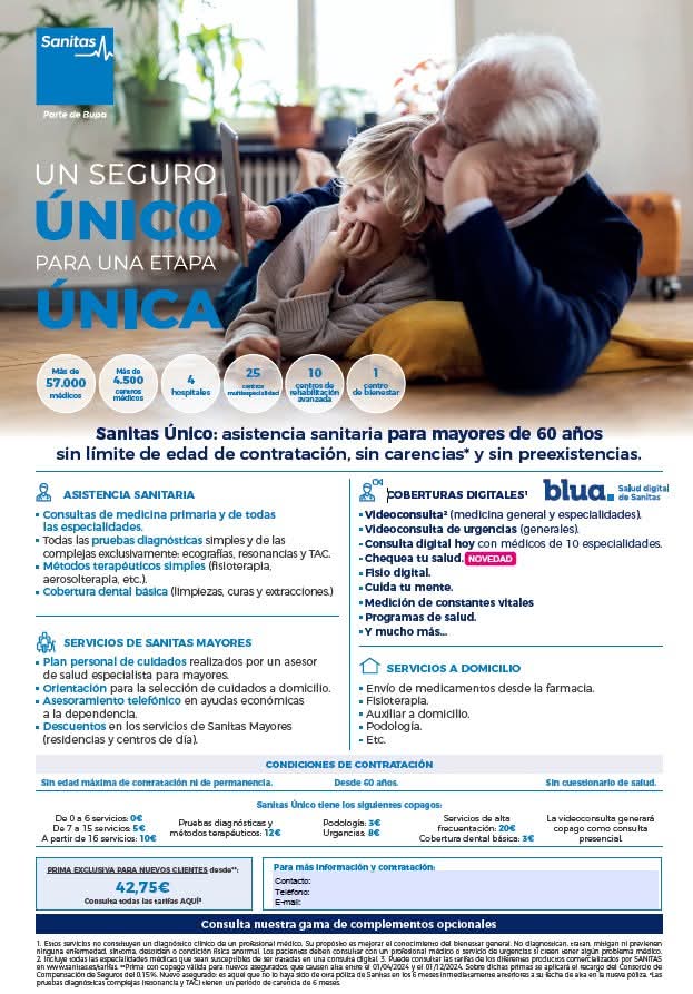 FebrerSeguros's tweet photo. Terminando la campaña de fin de año de Salud nos gustaría destacar un producto que se ha adaptado muy bien al mercado: SANITAS ÚNICO

 Asistencia sanitaria para mayores de 60 años sin límite de edad de contratación, sin carencias* y sin preexistencias. https://t.co/yt4YjPjuLt