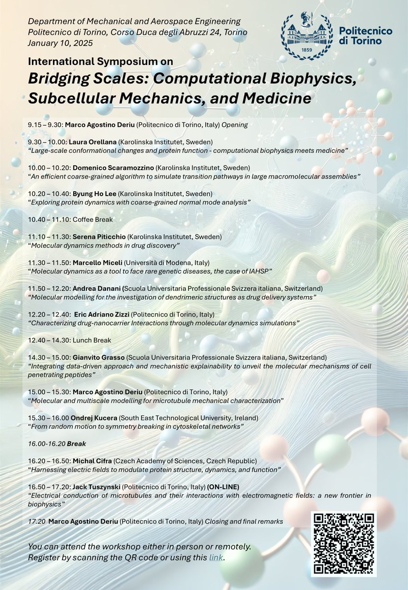 dom_scara's tweet photo. Join us for this exciting symposium at @PoliTOnews - a lot of speakers from all over Europe to talk about the mechanics of proteins, nucleic acids, and cytoskeletal components!
Link below to register - you can also attend on Zoom! https://t.co/tSe3KbJUCp