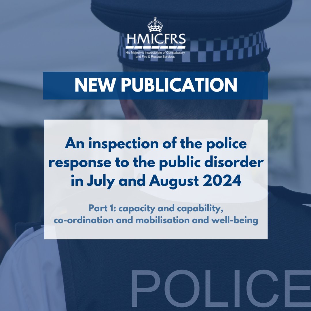 HMICFRS's tweet photo. The tragic loss of three young girls in Southport sparked violent disorder across the country.  

We were commissioned by the Home Secretary to conduct a rapid review of the policing response. Today, we have published part one of our findings. https://t.co/hLEGIXcZXv