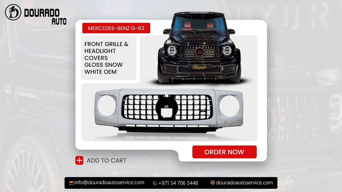 DouradoAuto's tweet photo. ❤️ Elevate your G-63 with OEM gloss snow white front grille and headlight covers – now at Dourado Auto Service! https://t.co/lVo5UnXVoq 
#MercedesBenz #G63 #premiumautoparts #DouradoAutoService #luxurycaraccessories #spareparts #bodyparts #carpartsstore #autodealer #dubai #uae 🚕 https://t.co/m3uVbLXqYF