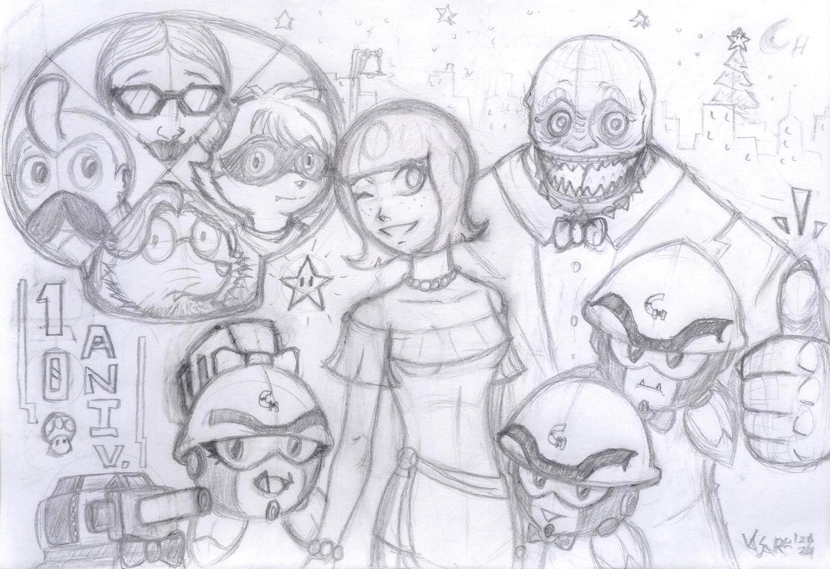 vrazamatzu's tweet photo. #champipregunta Saludos Ciudad Champiñon. Un dibujo casi sketch con Champi-chan y compañía por el 10° Aniversario del podcast (con momentos gratos, altibajos, geek, raros/incomodos y variados). Que tengan una Feliz Navidad y un prospero Año Nuevo. 
(1/2) https://t.co/LBWWUpycTO