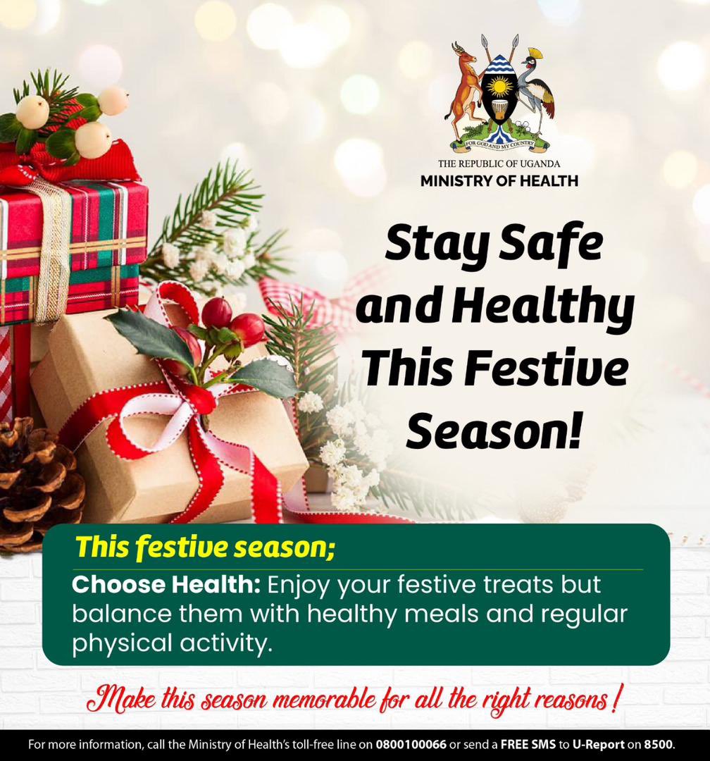 MinofHealthUG's tweet photo. This Festive Season, As you indulge in festive treats, balance them with fruits, vegetables and daily exercise for at least 30 minutes. #MOHatWork https://t.co/LvhQ30sfHT