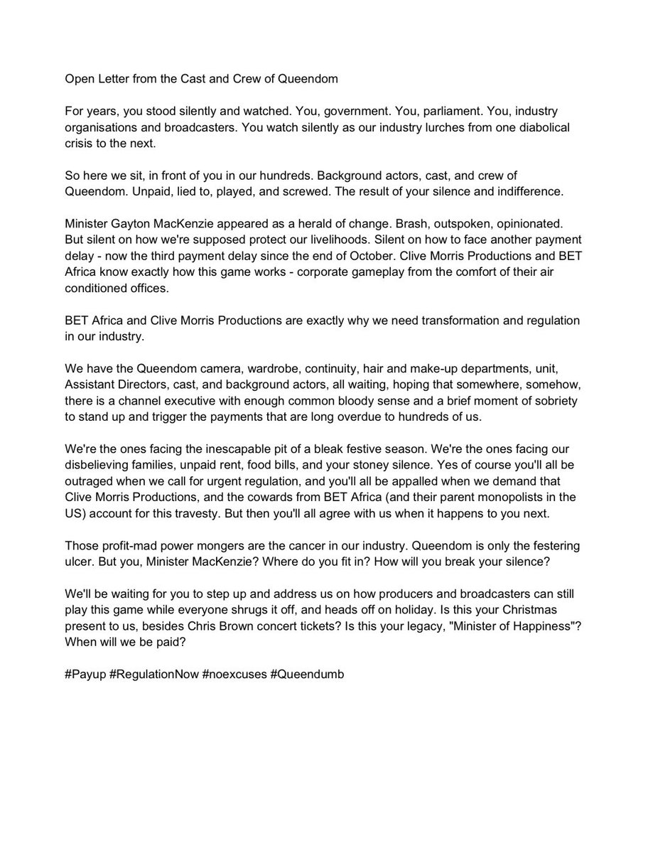 Jabu_Macdonald's tweet photo. An open letter from the ‘Queendom’ cast and crew.

#PayBETQueendomCastAndCrew https://t.co/hnbBsQfQX0