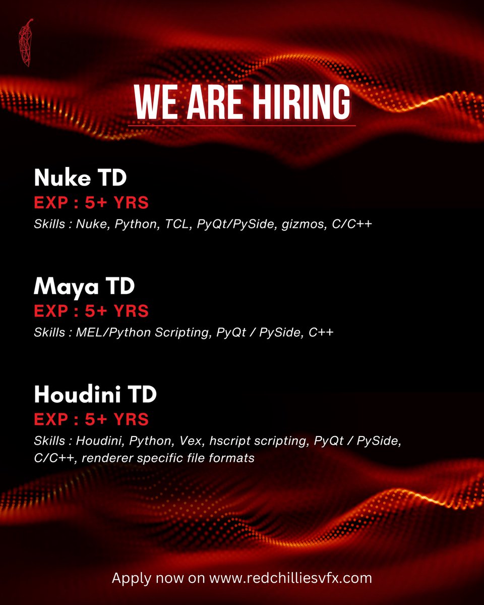 We’re looking for talented and driven artists to join our team! ✨🌶

If you’re passionate about creating stunning visuals, pushing creative boundaries, and bringing ideas to life, we want to hear from you.
➖
Apply now at redchilliesvfx.com and be part of the next chapter
