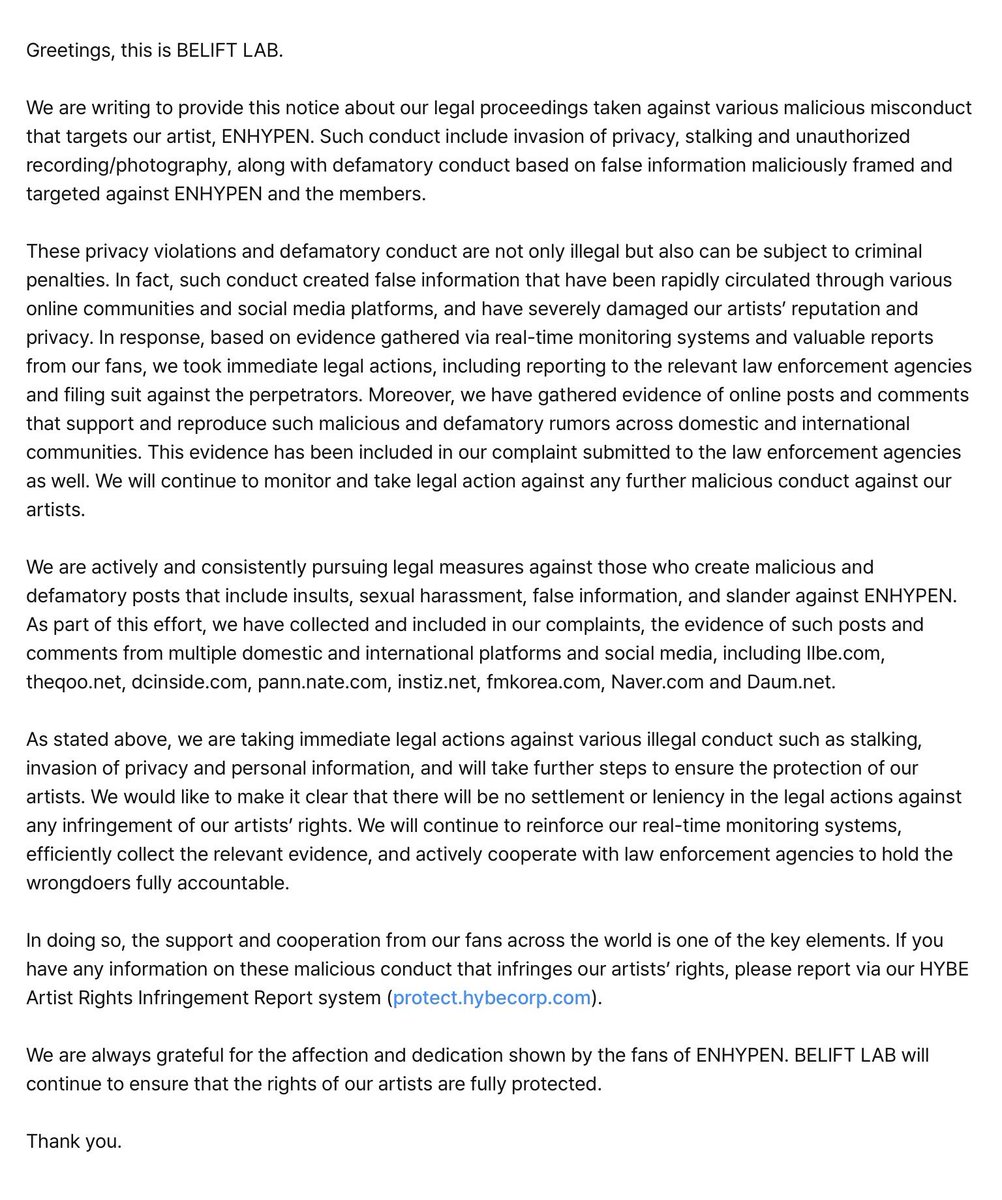 [NOTICE] 241218

Notice on Legal Proceedings Against Violation of Artist Rights (December 18)

<a href="/ENHYPEN_members/">ENHYPEN</a> <a href="/ENHYPEN/">ENHYPEN OFFICIAL</a> #ENHYPEN #엔하이픈