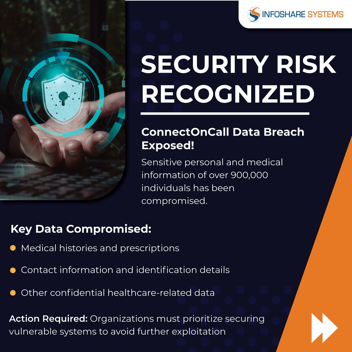 Infosharenew's tweet image. 🚨 ConnectOnCall Data Breach Alert! 
Over 900,000 individuals&apos; personal and medical data exposed in a critical cybersecurity breach. Protect your organization with advanced solutions to stay secure and compliant.  #PrivacyMatters #VarutraSolutions