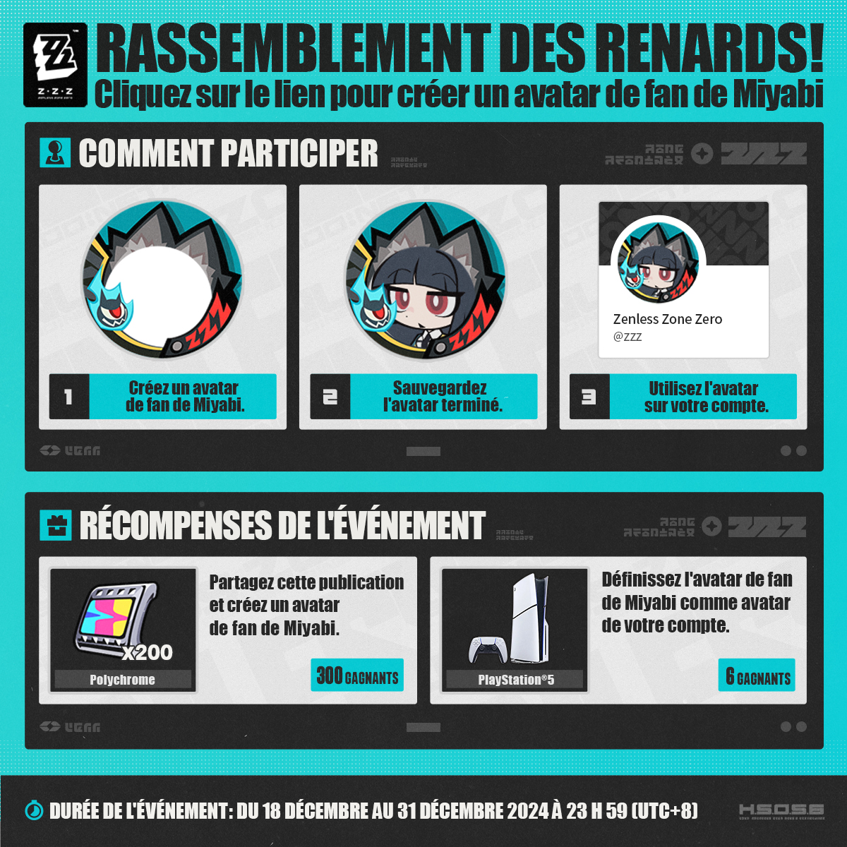 🦊 #RassemblementDesRenards ! 🎁
Peignez le monde aux couleurs de mademoiselle Miyabi avec des oreilles de renard ! ✨
Créez un avatar de fan : hoyo.link/bM7lFBAL

▼ Comment participer
① Suivez <a href="/ZZZ_FRA/">Zenless Zone Zero FR</a> et retweetez ce post
② Cliquez sur le lien ci-dessus et utilisez le