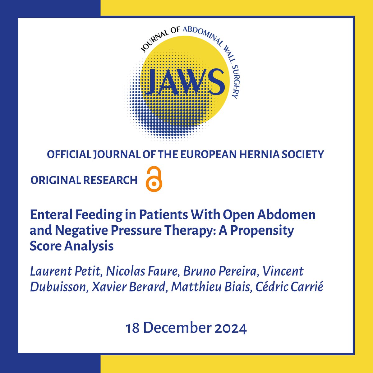 JoAWSurgery's tweet photo. https://t.co/RlxSa8viYu Enteral Feeding in Patients With #OpenAbdomen and #NPWT: A Propensity Score Analysis.
#OAT #AWSurgery #HerniaSurgery #JoAWS #OpenAccess https://t.co/SxyBvi83ux