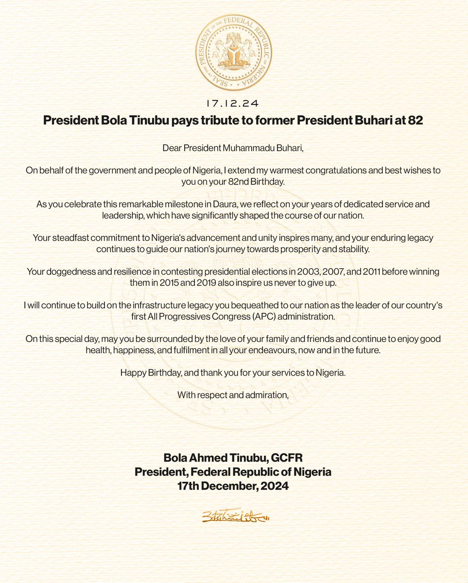 iyaboawokoya's tweet photo. Thank you President BAT @officialABAT for this heartwarming greetings to PMB. This is the way to do it and this is leadership. You ticked all my boxes. May God Almighty guide your leadership of our dear country as well now and in the future. Amen. https://t.co/fDxna8Wsaw
