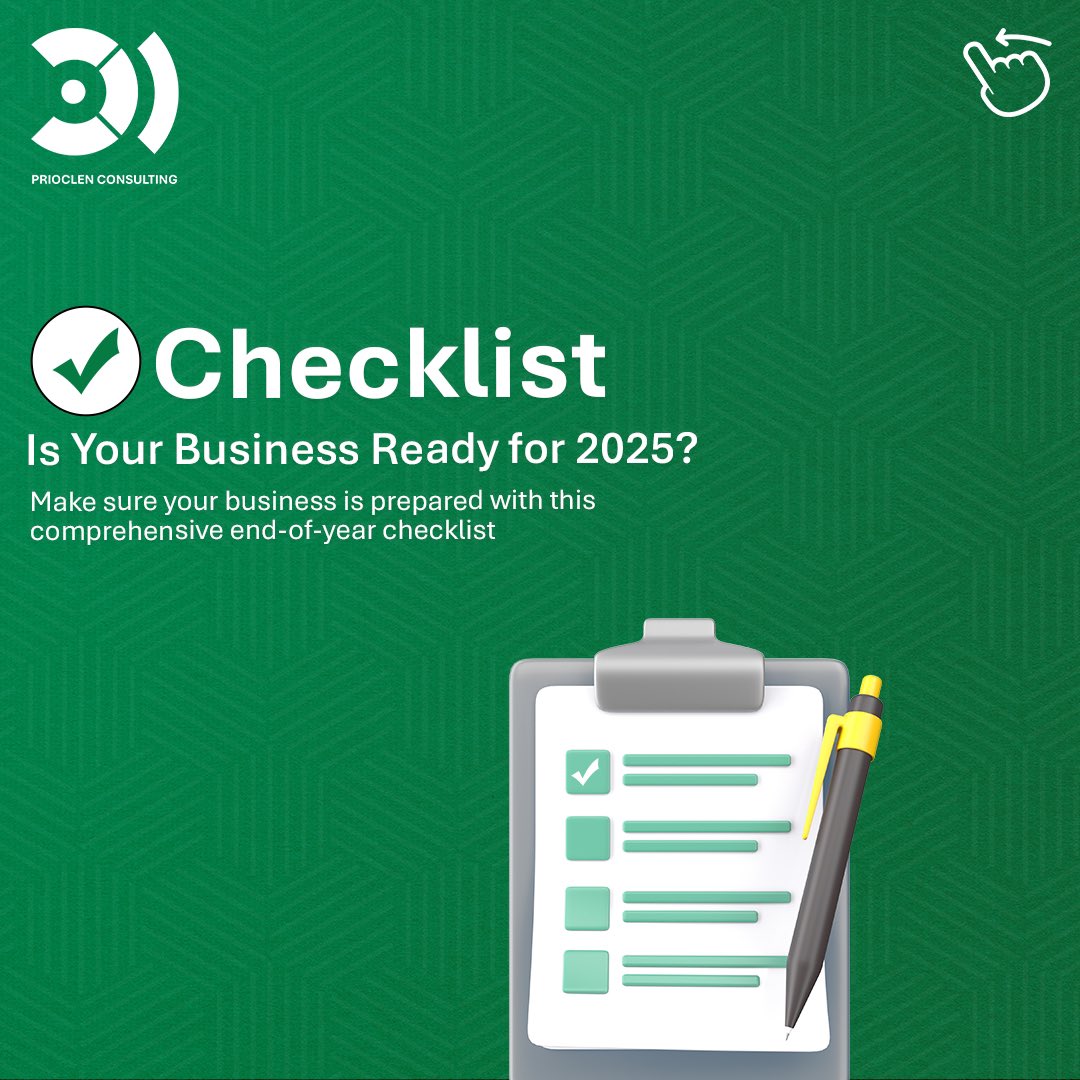 prioclen's tweet photo. Is your business ready for 2025?!
Go through the checklist to find out. 

Let’s get your business ready for the new year.

#prioclenconsulting #2025 #regulatorycompliance #cybersecurity #digitalpositioning #strategy https://t.co/yNuoZh2Ee4