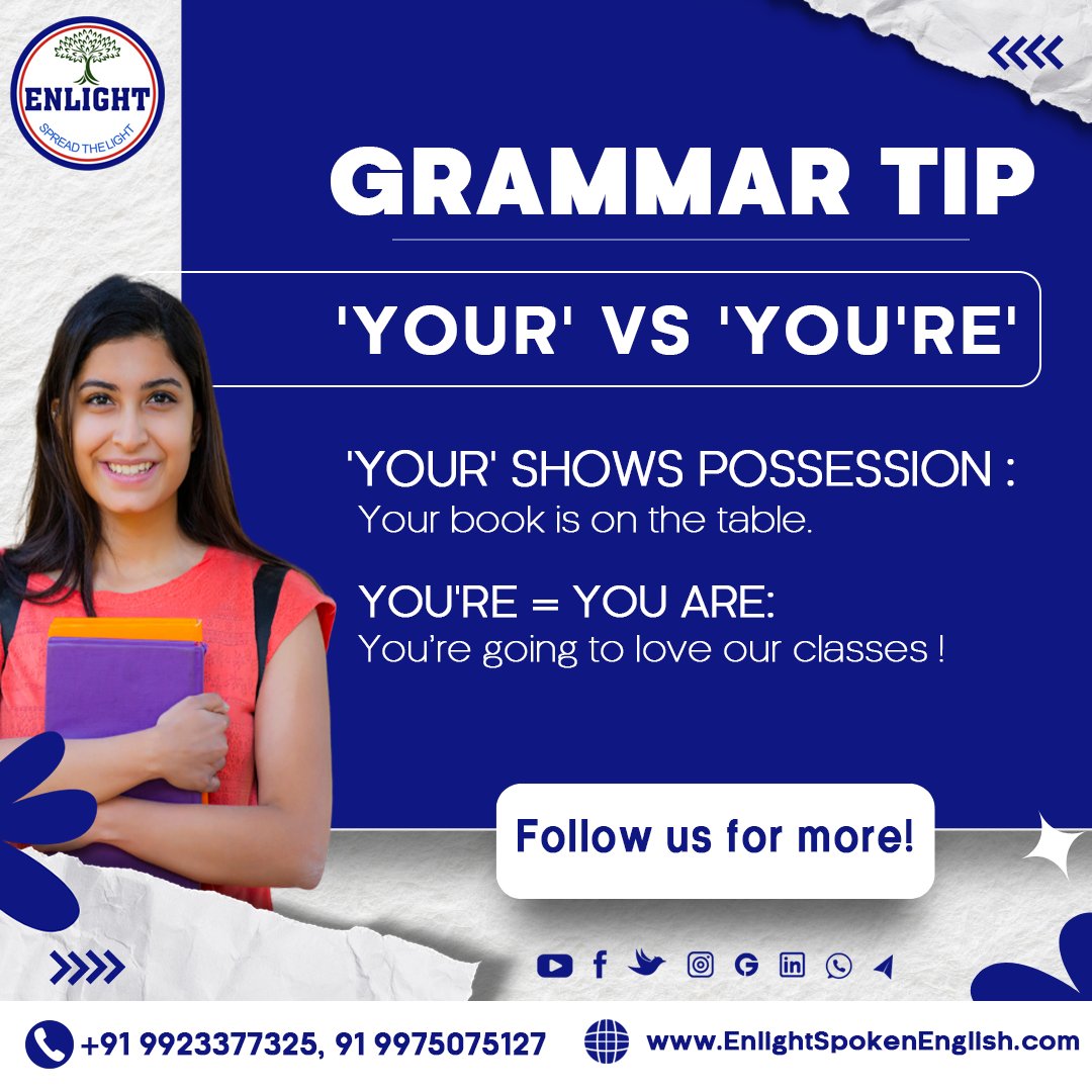 SpokenClass's tweet image. Grammar Tip Alert! 🚨
Confused between &apos;Your&apos; and &apos;You&apos;re&apos;? Don&apos;t worry; we&apos;ve got you covered!
Master your grammar with us and boost your confidence in English.
👉 Follow us for daily tips and tricks
👉Contact us:
courses.enlightspokenenglish.com/contactus
#GrammarTips #EnlightSpokenEnglish