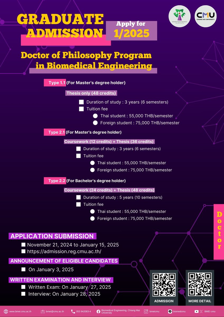 BMEiCMU's tweet photo. GRADUATE ADMISSION OPENING Master and Doctoral Degrees in Biomedical Engineering Program (International Program/Interdisciplinary) available apply for the 1st semester of academic year 2025 (Round 1)
.
■ Nov 21, 2024 to Jan 15, 2025 via https://t.co/tENJkMdYmJ https://t.co/CyOHcfjdmP