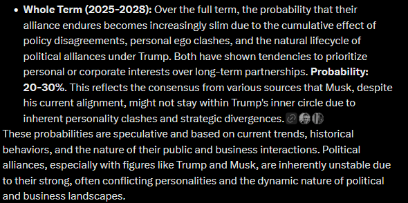Grok thinks it unlikely (20-30%), that the alliance of Musk and Trump will survive for the whole presidency.