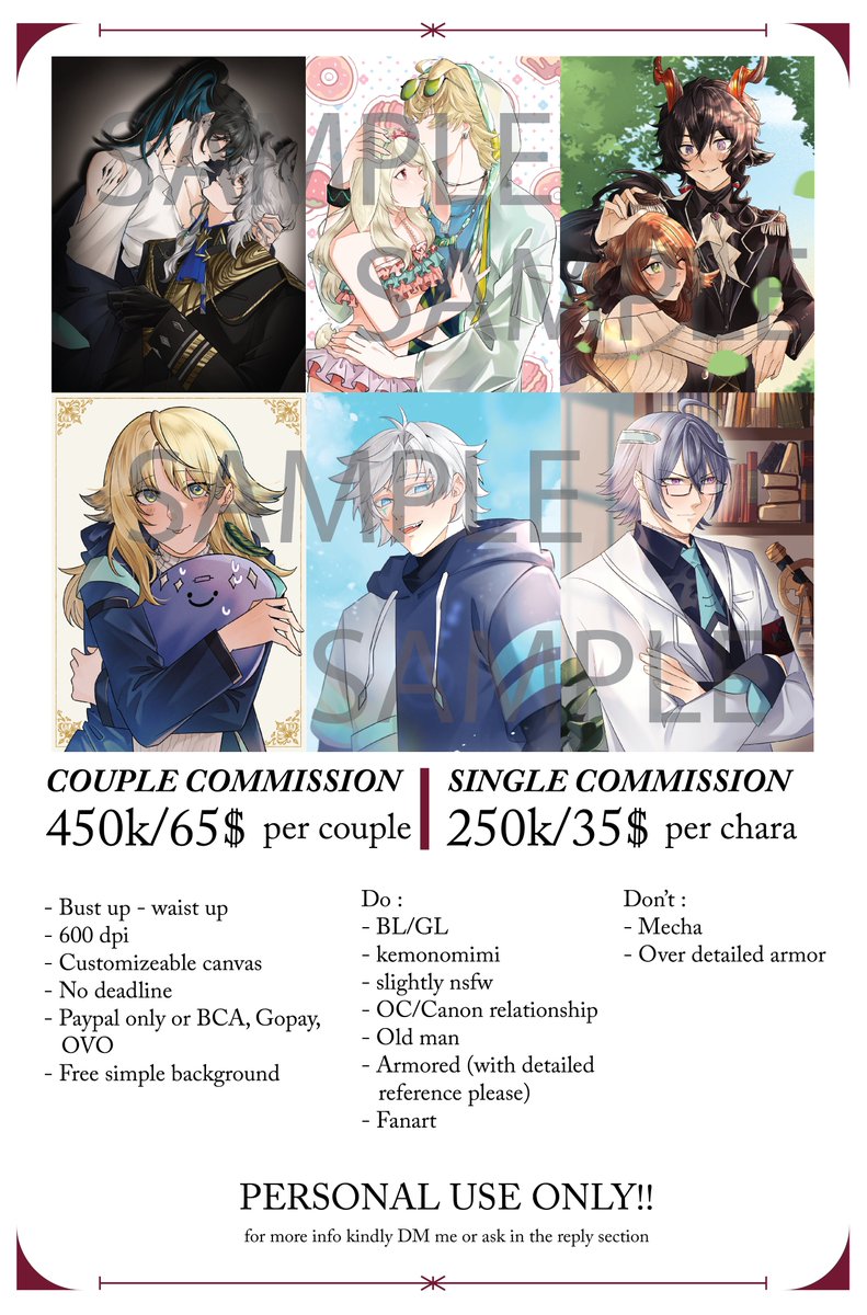 Lius @ CFXX N32ab (@kare_katsudon) on Twitter photo Will open the regular too since I'm in an urgent matters right now
Will take payment upfront or at least after the sketch is okay. Will finish it due to late january or in febuary
share is appreciated~ Will open the regular too since I'm in an urgent matters right now
Will take payment upfront or at least after the sketch is okay. Will finish it due to late january or in febuary
share is appreciated~