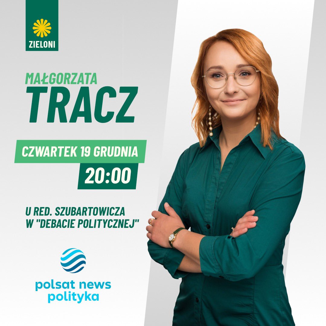 Zieloni's tweet photo. Jutro o 20:00 nasza posłanka @GoTracz w Debacie Politycznej @PolsatNewsPL l ✊💚

#Zieloni #polsat #polityka #posłanka #ko https://t.co/D8h3Ryz930