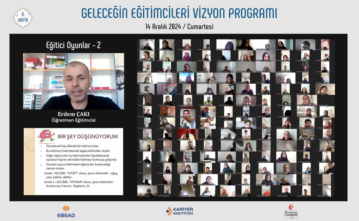 Geleceğin Eğitimcileri Vizyon Programı 2024 -2025 Güz Dönemi eğitimlerini tamamladı.

8. Haftanın Konu ve Konukları:
"Münazara Simülasyonu" İbrahim BALI ile
"Eğitici Oyunlar - 2" Erdem ÇAKI oldu.