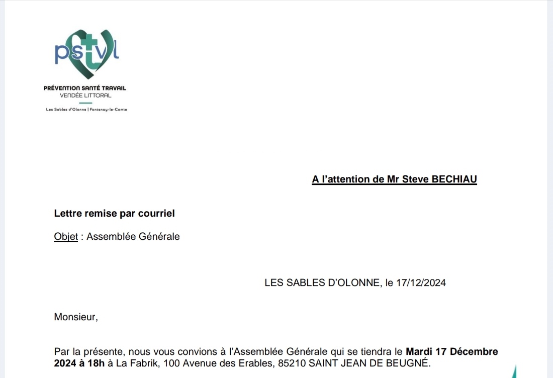 bechiausteve's tweet photo. 17/12/2024: Assemblée générale Prévention Santé Travail Vendée Littoral #PSTVL !⚕️🩺
Honoré d'avoir été invité à l'A.G de la médecine du travail en tant que membre administrateur et du bureau et vice-président. https://t.co/amaZKkDox0