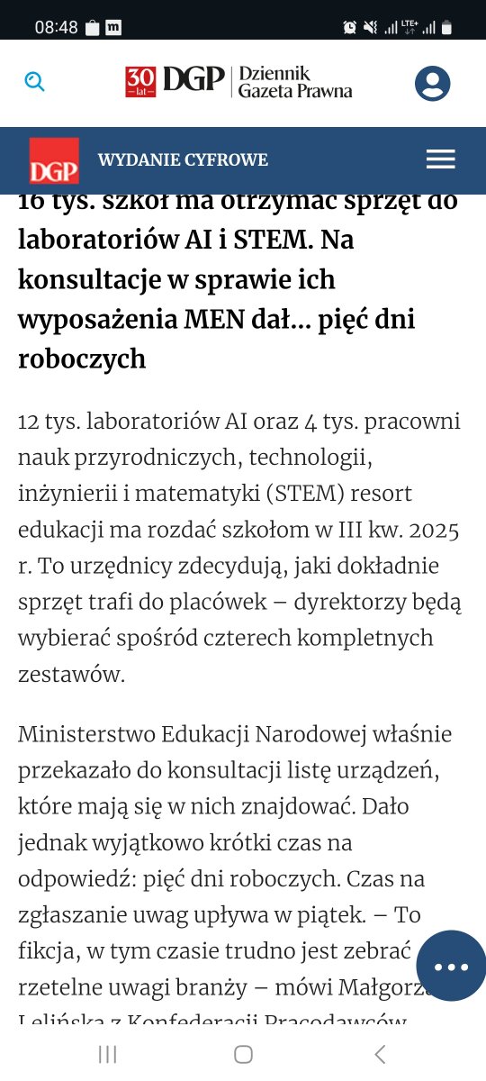 💻Wsypmy do szkół sprzęt. Tylko szybko, zanim zorientujemy sie, ze to bez sensu - tak w skrocie mozna podsumowac 'polityke' uprawiana przez MEN. Nikt nawet nie ukrywa, ze chodzi o to, by asap wydac kase z KPO. 

🖥 Resort da szkolom 16 tys labów AI i STEM. Na konsultacje tego, co